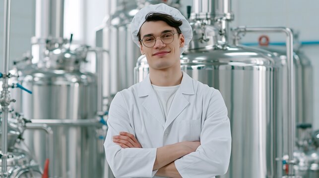 Male food scientist in protective lab gear standing in stainless steel processing facility with scientist stainless processing professional research industry production chemistry engineer
