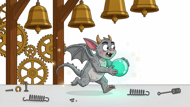 Cute cartoon dragon running with a glowing orb inside a clock tower. The character carries a magic sphere past brass bells and gears. Fantasy adventure concept for kids' games and books.