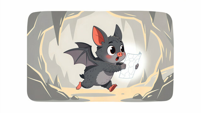 Cute cartoon bat running through a rocky cave holding a map. Little animal character exploring underground tunnels with a surprised expression. Adventure concept for children's media and games.