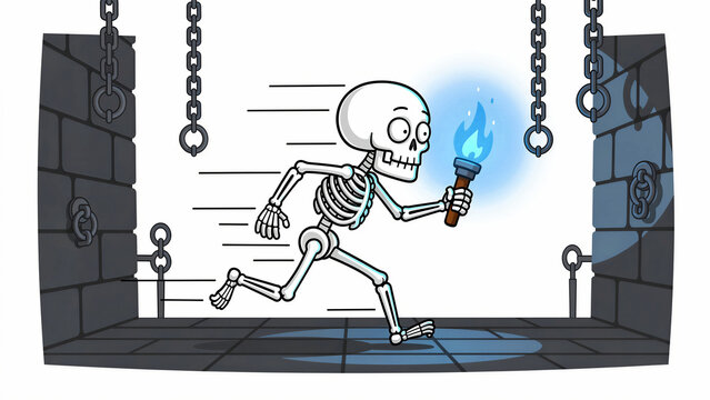 Cartoon skeleton running through dungeon holding blue flaming torch. Bone character escaping prison with stone walls and chains. Spooky adventure concept for gaming and Halloween marketing.