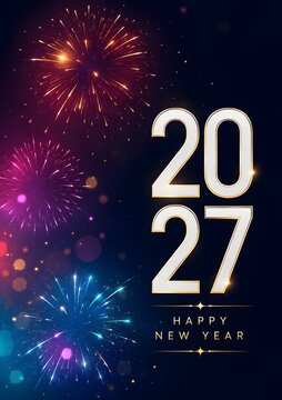Happy new year 2027 greeting card design with colorful festive fireworks display exploding against a dark black night sky background for celebration and holiday season party event