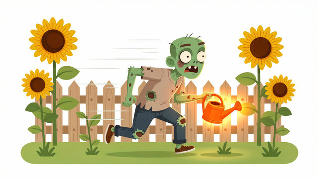Cartoon zombie running through a garden holding a glowing watering can. Funny undead character jogging past sunflowers and a wooden fence. Whimsical gardening concept for Halloween marketing.