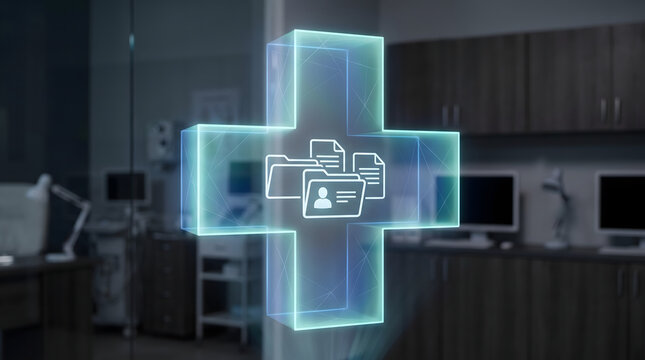 Holographic medical cross protecting patient records representing healthcare data security, privacy, and digital health protection