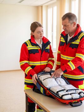 Ausbilder erkl&auml;rt F&auml;cher im Notfallrucksack halbnah