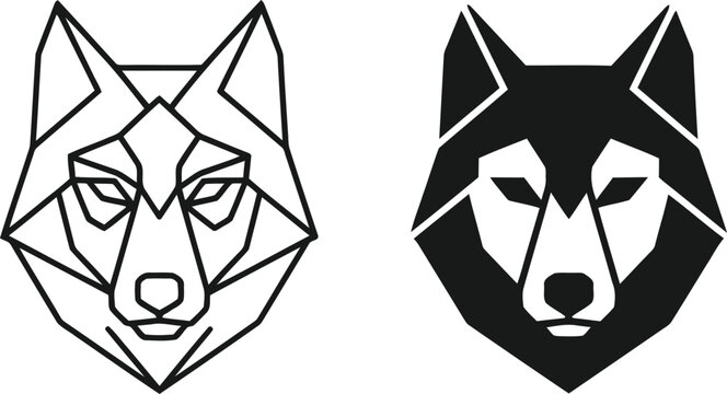 Geometric wolf head vector set, minimalist wolf face line art and solid black silhouette icons, modern polygonal animal logo design elements