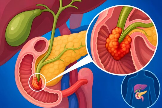 Ampulla of Vater carcinoma medical illustration showing malignant tumor in duodenum bile duct pancreatic tract and human torso profile