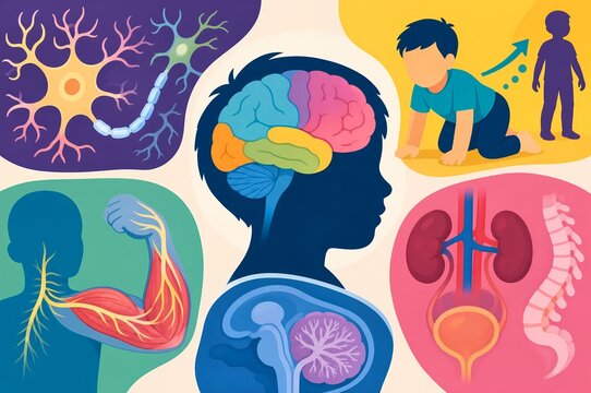 Andermann syndrome medical graphic illustration showing corpus callosum agenesis progressive neuropathy pediatric development and urinary tract elements
