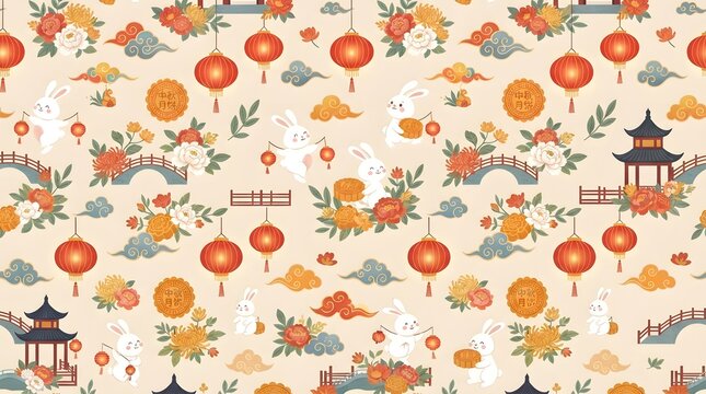 Seamless pattern for midautumn moon festival with rabbits and lanterns