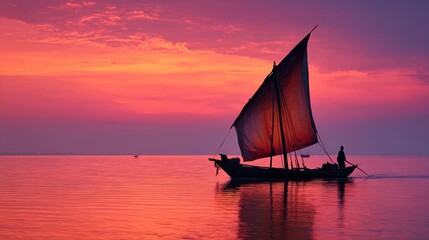 Fototapeta premium Sunset Sailing Boat Silhouette Ocean