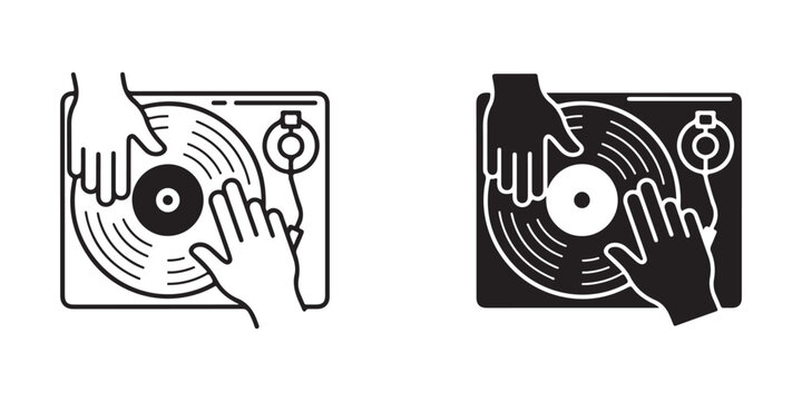 Illustrated vinyl record being played with hands holding stylus on turntable isolated design concept