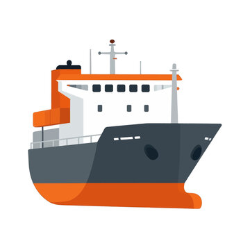 Large commercial cargo ship vessel sailing on white background, heavy industrial transport ship for logistics and maritime shipping, flat vector illustration of ocean freighter boat