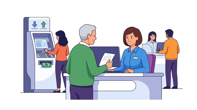 Professional bank teller assisting senior customer with financial transaction in modern bank branch flat vector illustration