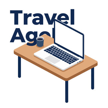 Isometric 3D illustration of a modern laptop and a coffee cup on a wooden desk against a white background, representing remote work, online travel agency, and digital nomad lifestyle