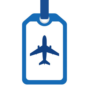 Blue airplane luggage tag icon on white background representing flight travel booking, airfare price, vacation planning, and airport baggage identification for travel agency design