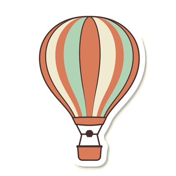 Vintage style colorful hot air balloon sticker illustration with retro stripes in terracotta and teal colors isolated on a white background for creative graphic design projects