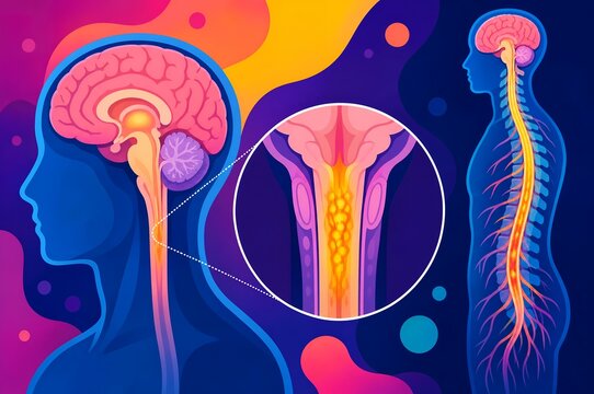 Diffuse midline glioma medical illustration showing brainstem spinal cord tumor h3 k27m mutation sagittal cross section and full body spine nervous system