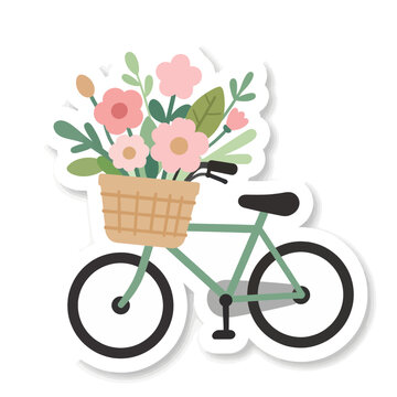 Charming illustration of a mint green vintage bicycle with a large wicker basket filled with beautiful pink flowers and green leaves isolated on white background, cute sticker style design