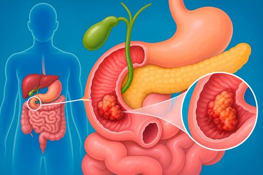 Duodenal adenocarcinoma medical illustration showing malignant cancer tumor in small intestine stomach gallbladder bile duct pancreas and human body anatomy