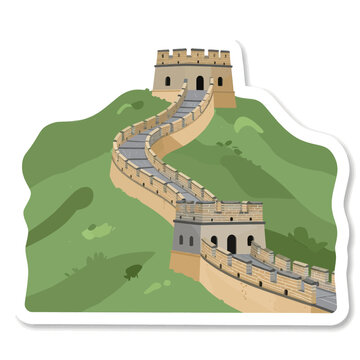 Illustration of the Great Wall of China winding across lush green hills with ancient stone watchtowers under a clear sky in a minimalist flat vector design style