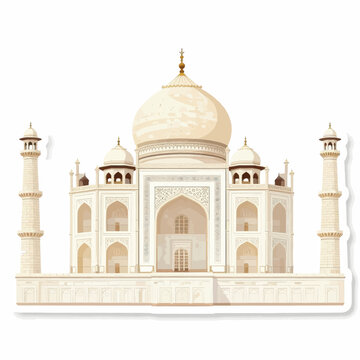 Beautiful architectural illustration of the Taj Mahal mausoleum in Agra India, iconic white marble Mughal monument with large dome and four minarets on a clean white background