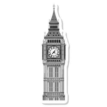 Iconic Big Ben clock tower illustration of London landmark architecture in black and white minimalist style isolated on white background for travel and tourism design concepts