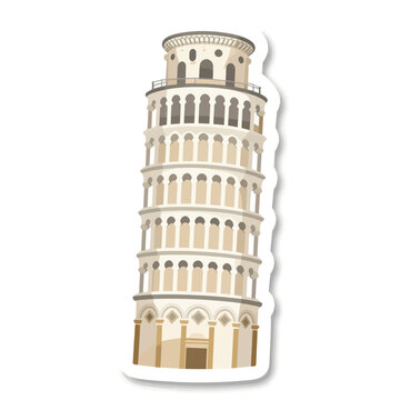 Iconic Leaning Tower of Pisa landmark illustration featuring classic Italian architecture and arched windows on a clean white background as a decorative travel sticker design element