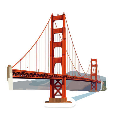 Iconic red suspension bridge crossing over a vast bay with large towers and cables under a clear sky, minimalist vector illustration of a famous landmark in travel style design