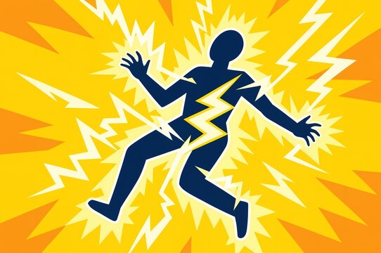 Electric shock hazard graphic illustration showing human silhouette struck by high voltage lightning bolts and electrical discharge sparks