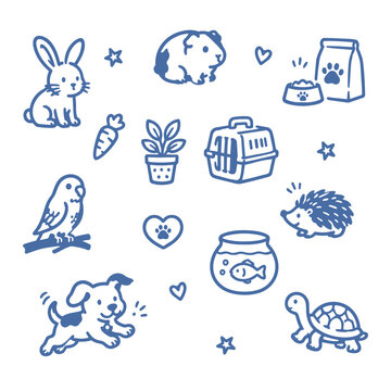 Cute Pet Doodle Clipart Set with Dog, Rabbit, Turtle, Bird, Hedgehog and Small Animal Care Icons Vector