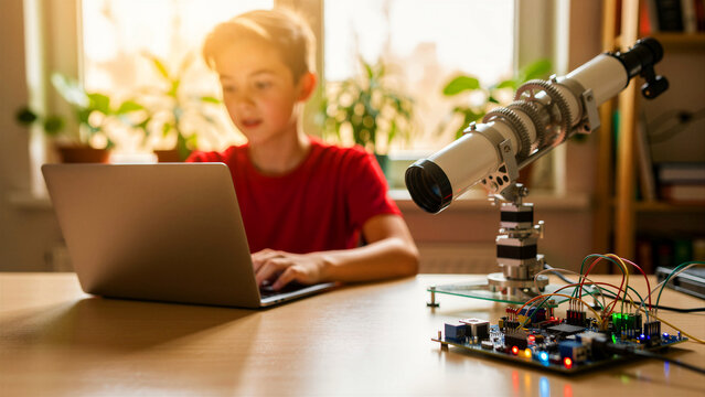 Boy using laptop next to DIY telescope and circuit board. Student learning robotics and coding through hands-on home experiments. STEM education and technology innovation concept.