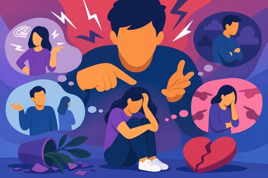 Emotional abuse concept graphic illustration showing psychological bullying domestic violence trauma guilt and social isolation