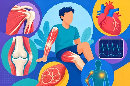 Emery Dreifuss muscular dystrophy medical graphic illustration showing skeletal muscle wasting joint contractures heart anatomy and ecg conduction defect