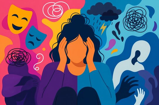 Emotional disorder mental health graphic illustration showing emotional dysregulation bipolar mood swings anxiety storm and shadow ghosts