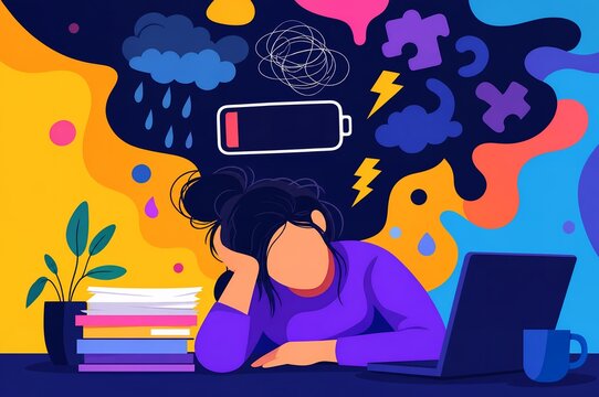 Emotional exhaustion graphic illustration showing burnout tired woman at laptop low battery energy stress and mental fatigue