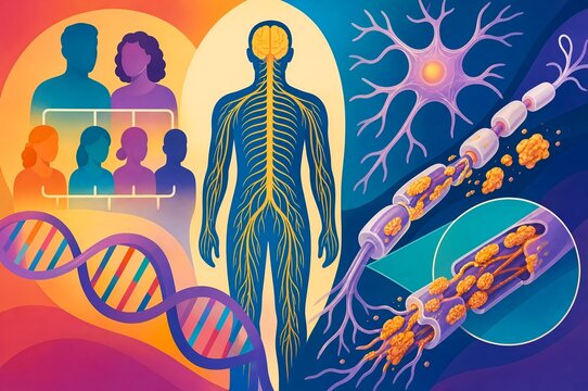 Familial amyloid neuropathies medical graphic illustration showing central nervous system amyloid plaque deposits axon degeneration dna mutation and hereditary pedigree