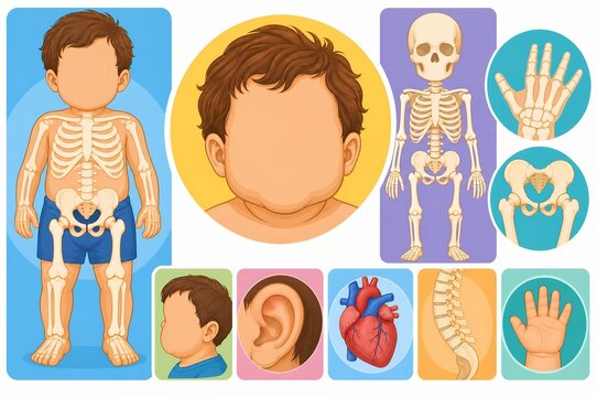 Hurler disease medical graphic illustration showing pediatric skeletal dysplasia coarse facial features heart defect spine and hand abnormalities