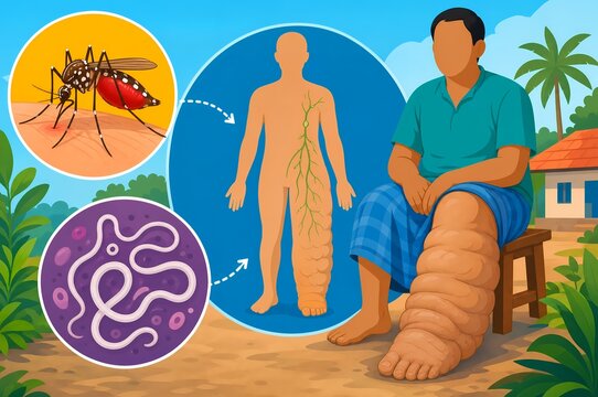 Filarial elephantiasis medical graphic illustration showing lymphatic filariasis leg lymphedema mosquito vector transmission and parasitic worm blockage