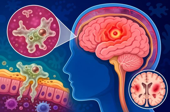 Primary amebic meningoencephalitis medical illustration showing naegleria fowleri brain eating amoeba infection and cerebral tissue necrosis