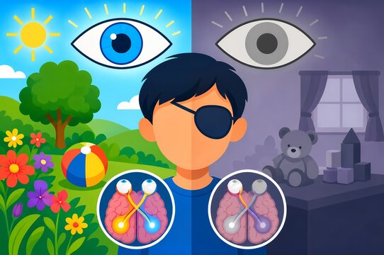 Stimulus deprivation amblyopia medical graphic illustration showing lazy eye patch child day vision night blindness and optic nerve pathway dysfunction