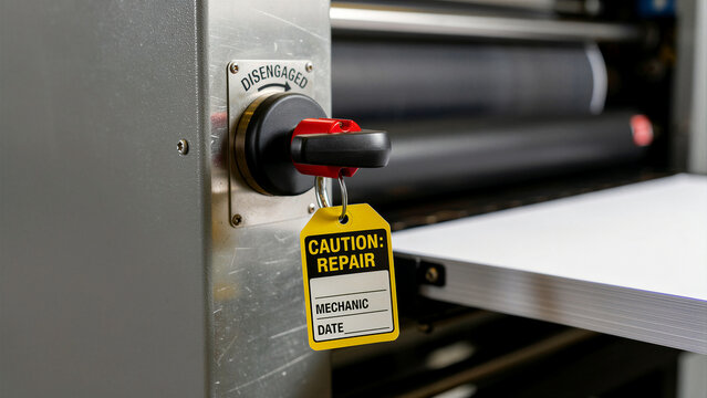 Yellow industrial lockout tag hanging on a disengaged machine power switch. Caution repair tag indicates active maintenance on factory machinery. Safety compliance concept for OSH training.