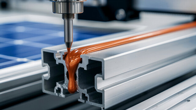 Automated robot arm dispensing copper sealant onto an aluminum frame. Precision industrial machine applying adhesive in solar panel assembly. High-tech manufacturing and green energy concept.