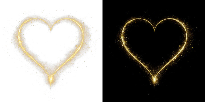 Glowing Golden Heart Light Effect on Black Background with Sparkling Glitter Dust