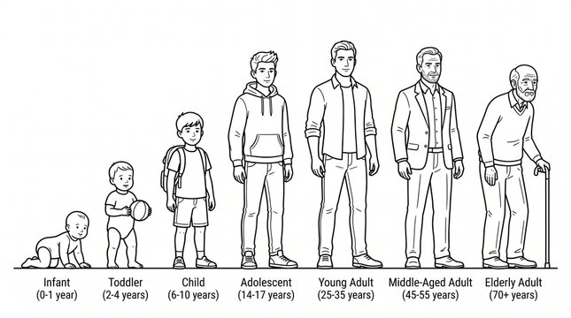 Line illustration showing male human growth stages from infant to elderly adult, depicting physical development and aging progression in sequence.