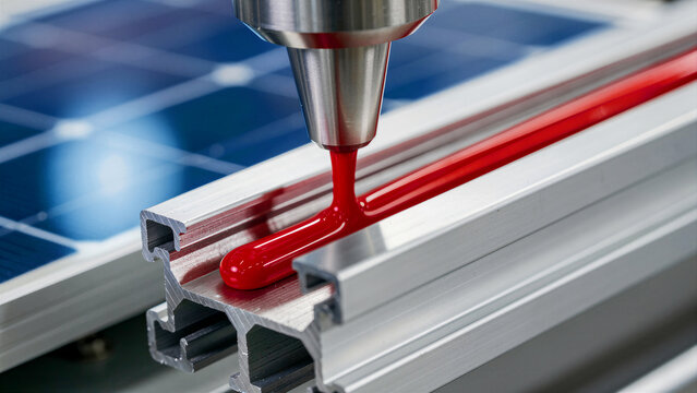 Robotic nozzle dispensing red sealant onto metal for solar panel assembly. Precision automation sealing components in factory. Clean energy manufacturing concept for industrial marketing.