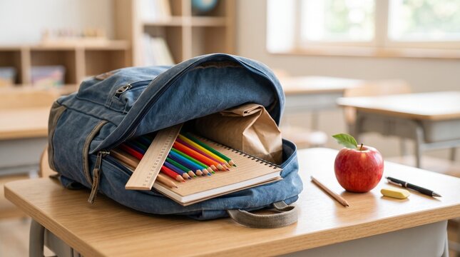 Denim backpack filled with school supplies on a wooden desk