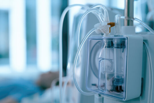 Dialysis machine medical device saline line blood pump treatment room transparent tube hospital equipment medical technology patient care clinical interior