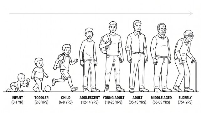 Line illustration showing male human growth stages from infant to elderly adult, depicting physical development and aging progression in sequence.