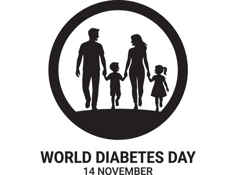 World Diabetes Day Logo with Family Silhouette and Date 14 November Featuring Awareness, Circle, Black with White and Health