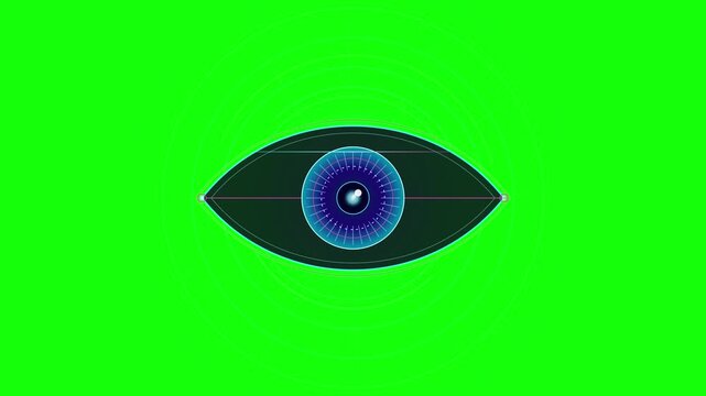 Futuristic digital HUD eye scanning animation on a green screen background for technological and surveillance concepts