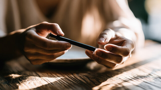 Insulin pen hand table restaurant wooden table medicine diabetes injection medical device close up human skin hands holding daylight sunlight dining background blurred background plate clean plate